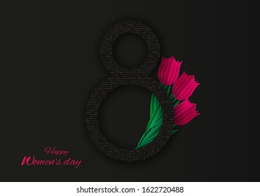 8 march, women's day background, banners, women's day flyer, womens day design with flowers on blue background, Copy space text area, illustration. minimalist black 