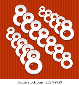 8 march, Women's day background. 8 white silhouettes groups on striped red background. Vector. Eps10