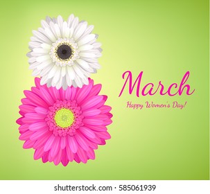 8 march women's day background greeting card with gerbera flowers. International lady's holiday design template.