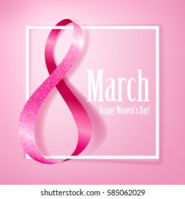 8 march women's day background greeting card. Pink ribbon. International lady's holiday design template.