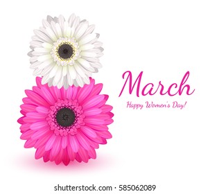 8 march women's day background greeting card with gerbera flowers. International lady's holiday design template.