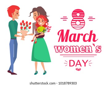 8 March womens day, banner with woman and man giving bouquet of flowers, daughter and family moments, shape of heart, isolated on vector illustration