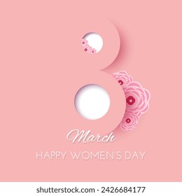 8 march Women's Day Banner. Flyer, banner, cover, social media number 8 with flowers. Vector illustration in paper cut style