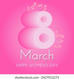 8 march Women's Day Banner. Flyer, banner, cover, social media number 8 with flowers, pink background. Vector illustration