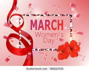 8 March Women's Day banner with silk eight shaped ribbon, flowers and animal skin print frame . Vector illustration