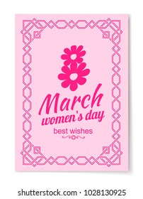 8 March Womens Day best wishes postcard with big sign and swirly frame. 8 March card in bright pink color vintage framework vector illustration greeting