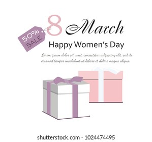  8 March Women's Day card with gifts. Sale banner Special offer 50%