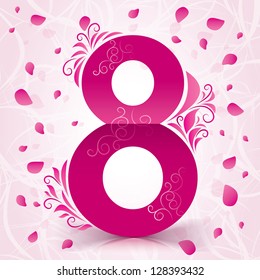 8 march Women's Day card with floral elements (pink petals). Handwritten text. Pink background with lines.