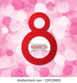 8 march Women's Day card on a abstract background (vector). Red eight (3d). Bright greeting card on a white background.
