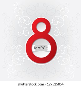 8 march Women's Day card with pattern (vector). Red eight (3d). Bright greeting card on a white background.