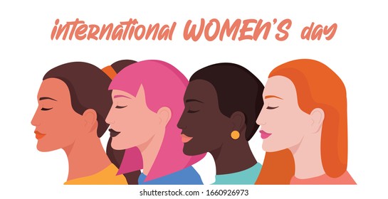 8 March Women's Day card or poster, web banner or header. Women of different race or nationality, femenism and girl power concept. Gender equality and female movement. Isolated vector illustration