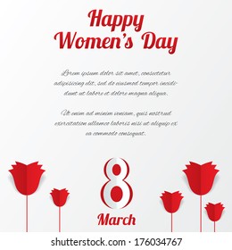 8 March Women's Day card with roses and text on white background. Cut from paper. Vector illustration