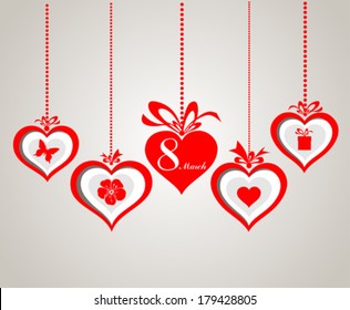 8 march. Women's Day card. Celebration background with heart, gift box, flowers, butterfly and place for your text. Vector Illustration  