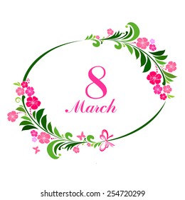 8 march. Women's Day card with floral elements isolated on white background. Vector illustration 