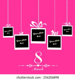 8 march. Women's Day card. Photo frame. Vector Illustration