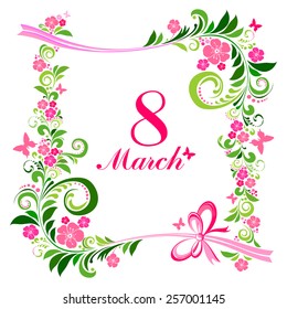 8 march. Women's Day card with floral elements isolated on white background. Vector illustration 