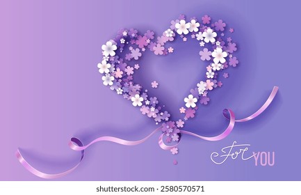 8 march women's day card. Valentines days banner. Flowers shaped sweet heart on purple background. Promotion and shopping template for Love, women s day, birthday concept. Vector illustration