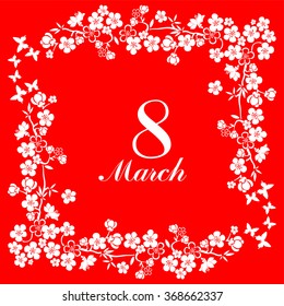 8 march. Women's Day card with floral elements isolated on red background. Vector illustration 