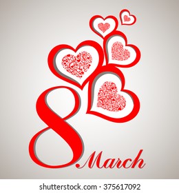 8 march. Women's Day card with hearts isolated on white background. Vector illustration