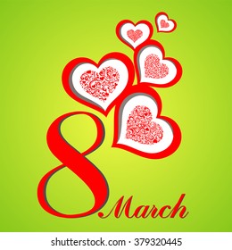 8 march. Women's Day card with hearts isolated on green background. Vector illustration