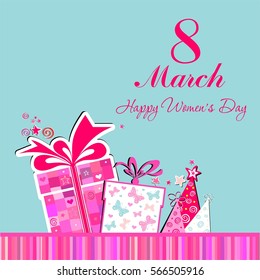 8 march. Women's Day card. Celebration mint background with gift boxes and place for your text. vector illustration