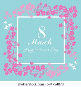 8 march. Women's Day card with floral elements isolated on mint background. Vector illustration