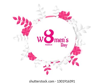 8 March Women's Day celebration banner or poster design decorated with paper cut flowers and leaves on white background.