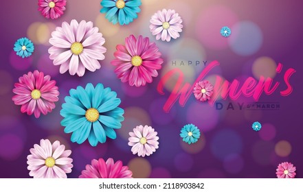 8 March. Women's Day Celebration Design with Flower and Typography Letter on Blue Background. Vector International Holiday Illustration Template for Banner, Flyer, Invitation, Poster or Greeting Card