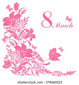 8 march  Women's Day  Celebration background and flowers  butterfly   place for your text  Vector Illustration 