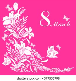 8 march. Women's Day. Celebration pink background with flowers, butterfly and place for your text. Vector Illustration 