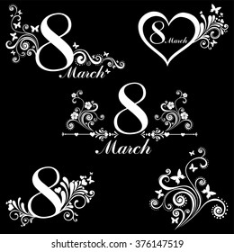 8 march Women's Day. Collection design elements isolated on black background. vector illustration 