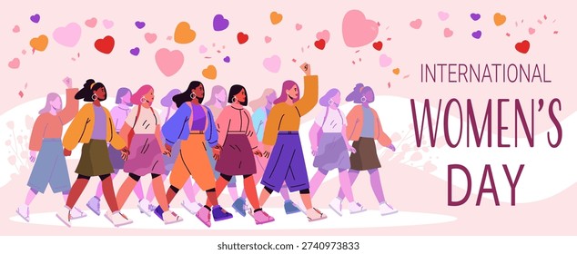 8 March womens day diverse group women march unity empowerment pink background hearts modern flat banner