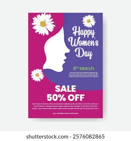 8 march women's day editable print flyer or poster template with realistic flower and female silhouette illustration background mothers day poster invitation greetings spring card