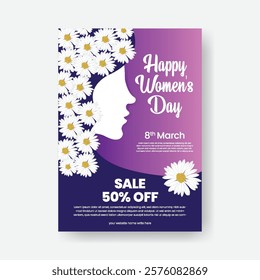 8 march women's day editable print flyer or poster template with realistic flower and female silhouette illustration background mothers day poster invitation greetings spring card