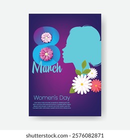 8 march women's day editable print flyer or poster template with realistic flower and female silhouette illustration background mothers day poster invitation greetings spring card