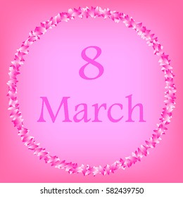 8 March Women's Day. festive poster, greeting card. petals around. pink background. vector illustration.