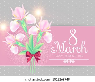 8 March. Women's Day Greeting and Invitation with Soft Flowers. Cute Card Design Template for Birthday, Anniversary, Wedding, Baby and Bride Shower and so on. Vector illustration