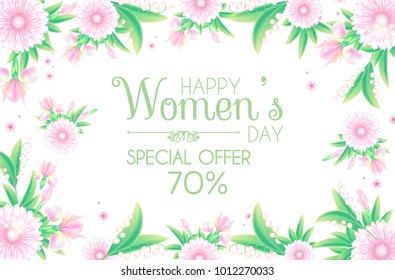 8 March. Women's Day Greeting and Invitation with Soft Flowers. Cute Card Design Template for Birthday, Anniversary, Wedding, Baby and Bride Shower and so on. Vector illustration