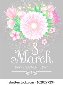 8 March. Women's Day Greeting and Invitation with Soft Flowers. Cute Card Design Template for Birthday, Anniversary, Wedding, Baby and Bride Shower and so on. Vector illustration