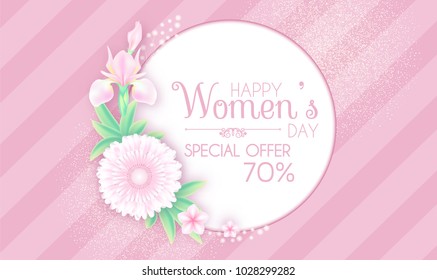 8 March. Women's Day Greeting and Invitation with Soft Flowers. Cute Card Design Template for Birthday, Anniversary, Wedding, Baby and Bride Shower and so on. Vector illustration