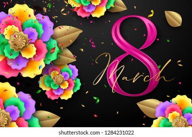 8 March. Womens day greeting card layout with paper flowers