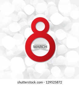 8 march Women's Day greeting card on abstract background (vector). Red eight (3d). Bright greeting card on a white background.