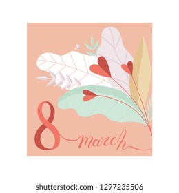 8 March Womens Day Greeting Card with Floral Elements, Party Invitation, Festive Banner Vector Illustration