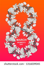 8 march womens day greeting card with monochrome flowers and coral background. Vector illustration