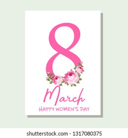 8 March Women's Day greeting card template. Banner for the International Women's Day. Flyer for March 8 with the decor. Invitations with the number 8 in the style of cut paper with a pattern of spring