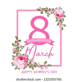 8 March Women's Day greeting card template. Banner for the International Women's Day. Flyer for March 8 with the decor. Invitations with the number 8 in the style of cut paper with a pattern of spring