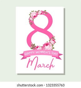 8 March Women's Day greeting card template. Banner for the International Women's Day. Flyer for March 8 with the decor. Invitations with the number 8 in the style of cut paper with a pattern of spring