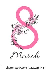 8 march womens day greeting card with chinese ink painting flowers. Hand drawn sakura cherry branch with blooming flowers and eight sketch.