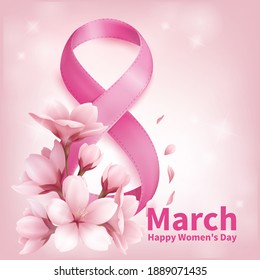 8 March Women's Day greeting card template. card with stylized cherry blossom.