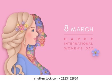 8 March. Womens Day greeting card design with young woman and flower. International female holiday illustration in paper cut style on a pink backdrop